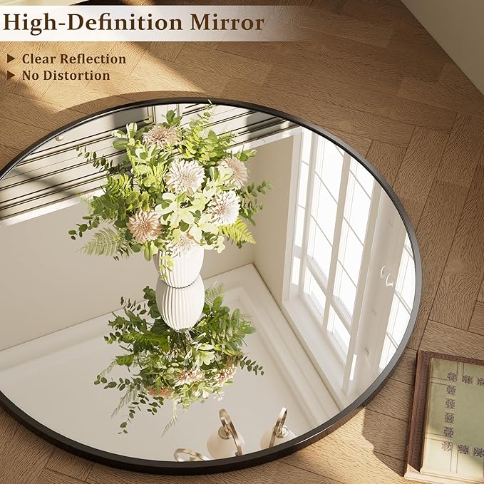 42 Inch Round Black Metal Wall Mirror - Stylish Circle Mirror for Entryway, Bathroom, and Living Room Decor | Matte Black Circle Wall Mirror