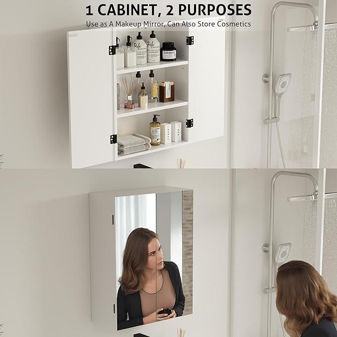 eclife 24" Bathroom Medicine Cabinet W/Mirror, Double Doors Bathroom White Wall Mount Mirror Cabinet, Hanging Triple Shelf Storage Cabinet Opens Left and Right