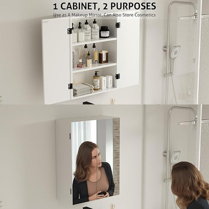eclife 24" Bathroom Medicine Cabinet W/Mirror, Double Doors Bathroom White Wall Mount Mirror Cabinet, Hanging Triple Shelf Storage Cabinet Opens Left and Right