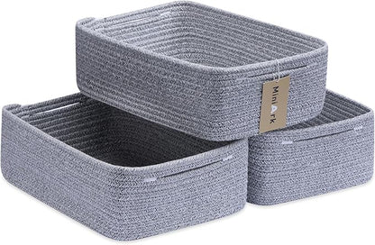 Large Shallow Organizing Baskets 15x11x5.1 Inches - Rope Woven Storage Bins for Bathroom, Shelves, Cube Closet, Mixed Grey 3 Packs