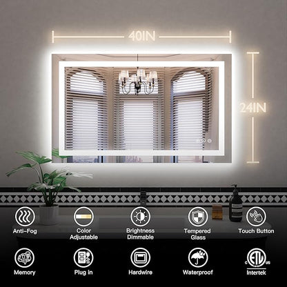 ISKM 40'' x 24'' LED Mirror for Bathroom Lighted Vanity Mirror for Wall Front Lights + Backlit LED Bathroom Mirror Anti-Fog Tempered Glass ETL Listed