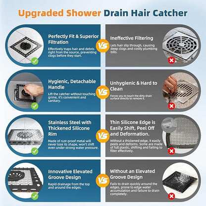 Hibbent 2 Pack Upgraded Shower Drain Hair Catcher, Shower Drain Cover for Bathroom Floor 4" Drain, Anti-Clogging Bathtub Drain Strainer, Stainless Steel Kitchen Sink Drain Strainer with Handle, Black