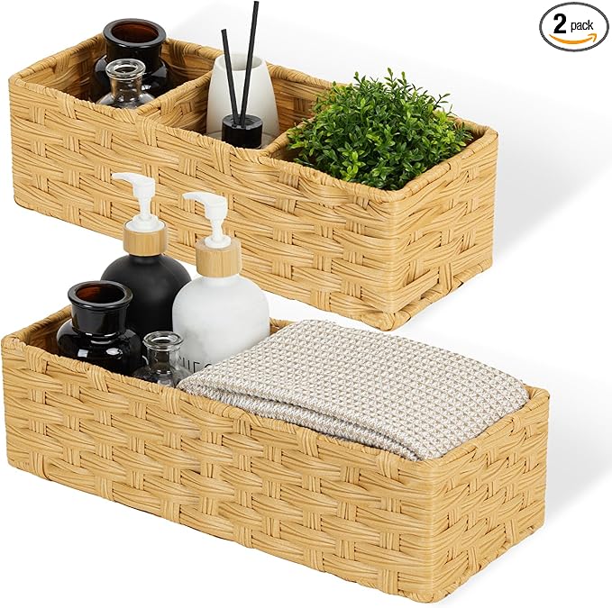 DULLEMELO Toilet Basket for Decor, Small Wicker Baskets for Storage Back of Toilet Tank Topper, Set of 2 Woven Storage Baskets for Bathroom Toilet Paper Holder Basket, Natural