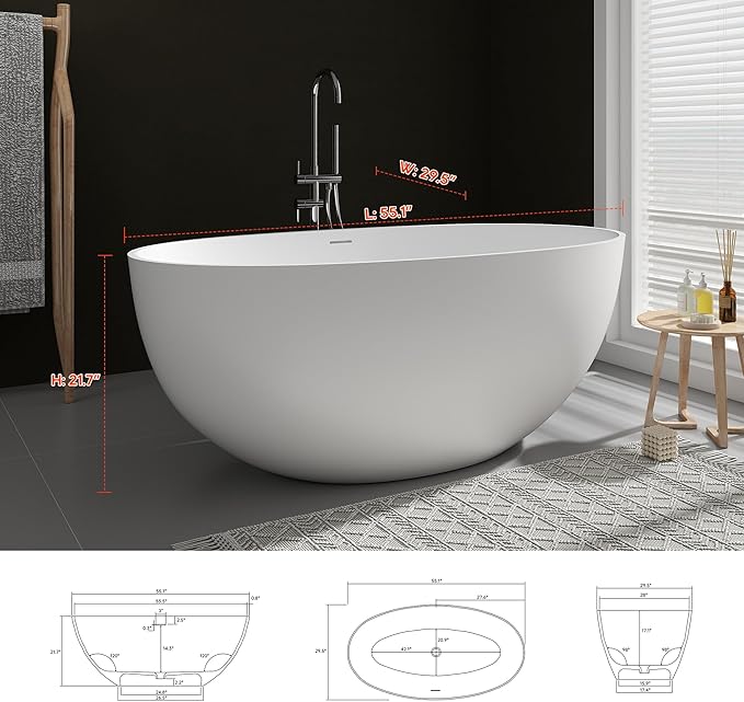 SJ STAR&JANE 55" Solid Surface Freestanding Bathtub, Stone Resin Oval Soaking Tub Matte White Stand Alone Tub with Overflow and Pop-up Drain for Bathroom