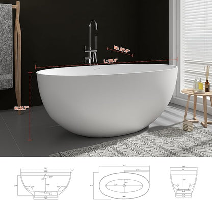 SJ STAR&JANE 55" Solid Surface Freestanding Bathtub, Stone Resin Oval Soaking Tub Matte White Stand Alone Tub with Overflow and Pop-up Drain for Bathroom