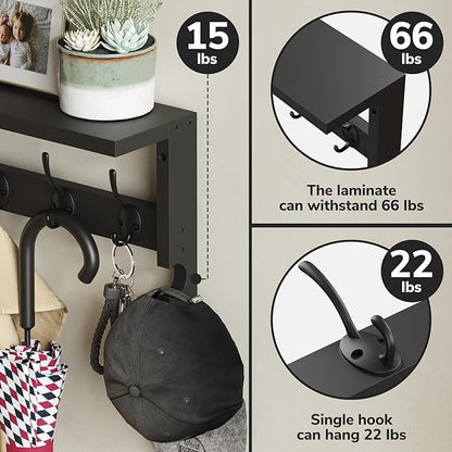 AMBIRD Coat Rack Wall Mount with Shelf, 17.1 Inches Coat Hooks Wall Mounted, Hat Wall Hooks for Hanging in Entryway, Living Room, Bathroom, Bedroom (Black)