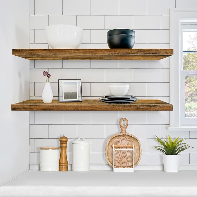 Sorbus Floating Shelves for Wall - 35 Inch Long Bathroom Shelves, Wall Decor for Bedroom, Kitchen, Living Room & Book Storage - Mounted Floating Shelf with Invisible Brackets (Rustic Brown, 2 Pack)