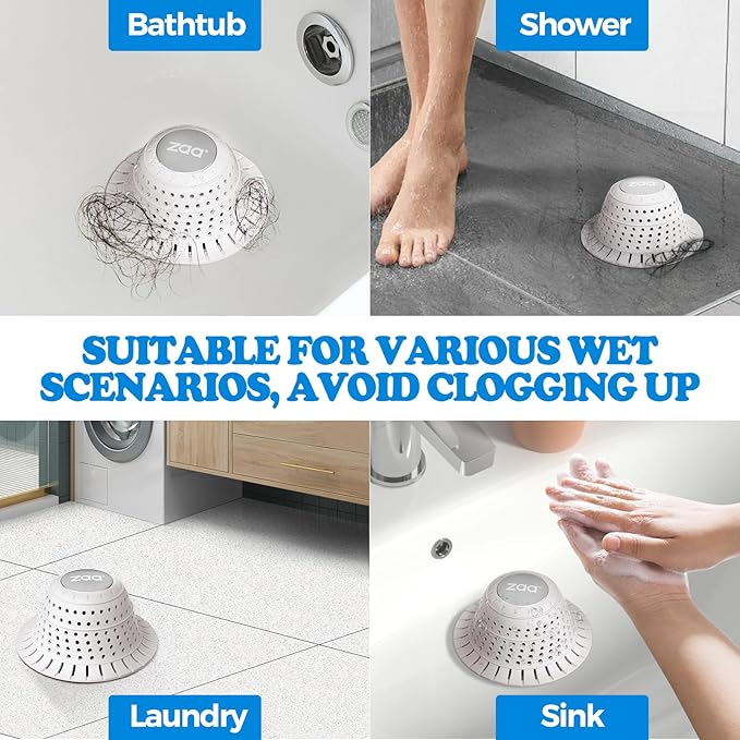 zaa Bathtub Drain Hair Catcher, Silicone Collapsible 2 Pack Drain Protector for Pop-Up and Regular Drains of Shower, Bathtub, Tub, Bathroom, Sink, White