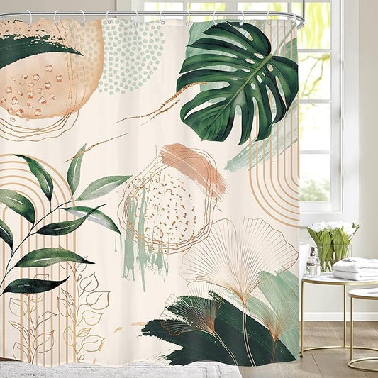 Boho Shower Curtain 72Wx84H Extra Long Bohemian Modern Mid Century Abstract Sage Green Tropical Palm Leaves Plant Bathroom Decor Minimalist Geometric Bath Curtain Fabric Polyester 12 Pack Hooks