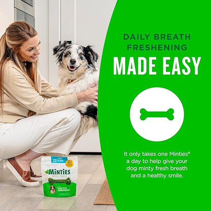 Minties Dental Chews for Dogs, 20 Count, Vet-Recommended Mint-Flavored Treats for Medium Dogs 25-50 lbs, Dental Bones Clean Teeth, Fight Bad Breath, and Removes Plaque and Tartar