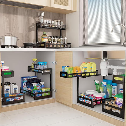 Under Sink Organizer, Metal Large Capacity 2-Tier Sliding Cabinet Storage Rack, Heavy-Duty Rust-Resistant Steel Frame, Holds 50 lbs, Adjustable Height 12–16", 14"D x 11"W for Kitchen & Bathroom, Black