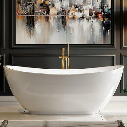 Empava 69 Inch Freestanding Bathtub - Acrylic Free Standing Soaking Tubs with Contemporary Design, White