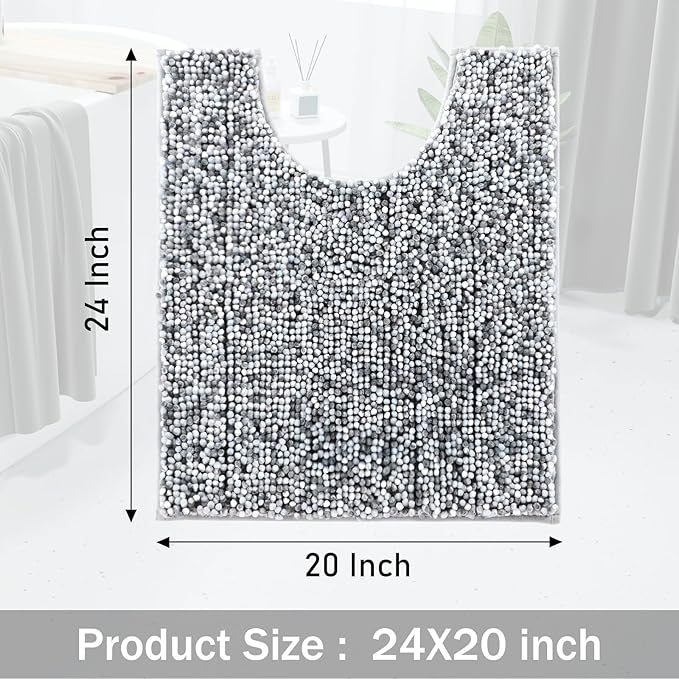 Yimobra Luxury Chenille U-Shaped Toilet Rug, Super Soft Shaggy Contour Bath Mat for Bathroom Floor, Fluffy, Water Absorbent, Non Slip, Machine Washable, Dry Quickly, 24''x 20'', Light Grey & Dark Grey