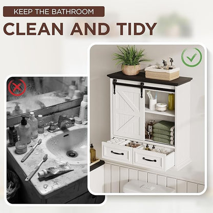 Bathroom Wall Storage Cabinet with 2 Drawers, White Floating Wall Mounted Medicine Cabinet with Sliding Door & Adjustable Shelves, Over The Toilet for Bathroom, Laundry Room, Kitchen