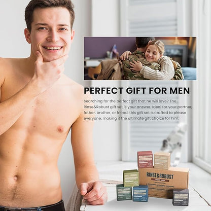 Rinse & Robust Mens Natural Bar Soap 6Pcs Handmade Cleansing Soap Bar Set Moisturizing&Exfoliating Scrub Soap Gifts for Men 6 Different Scents 3.5 oz of 6 Bars