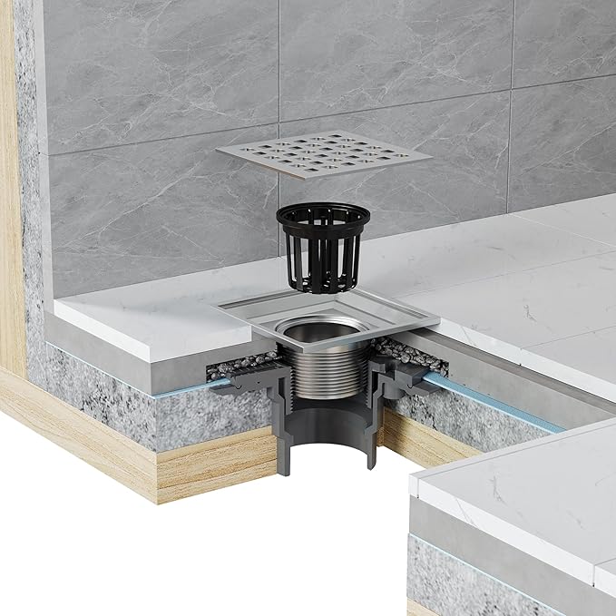 Neodrain Square Shower Drain,4 inch Stainless Steel 304 Grate and PVC Drain Body, Grate with Brushed Nickel Finish, Kit Includes Hair Trap/Strainer,Lifting Hook and PVC Drain Base