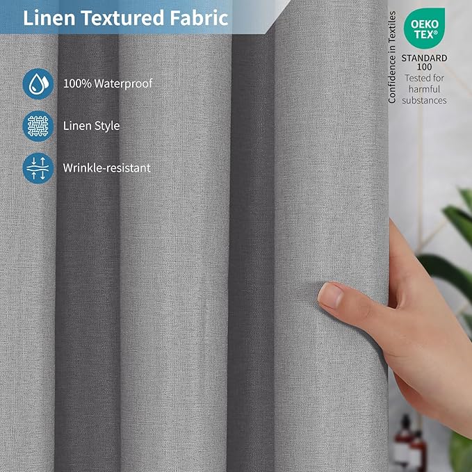 2-in-1 Waterproof Long Fabric Shower Curtain or Liner,Linen Textured,78 Inch Breathable TPU & Washable Bathroom Shower Curtain Set with 12 Plastic Hooks,Modern,72"x78" Grey