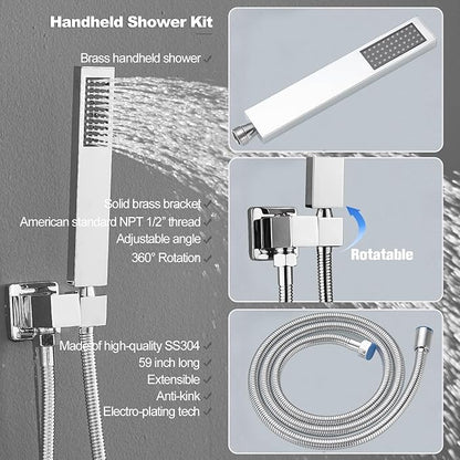 Shower Faucet Set with Body Jets 10 Inch Polished Chrome Shower Head Handheld Shower Combo Set High Pressure Wall Mount with Rough-in Valve, Polished Chrome