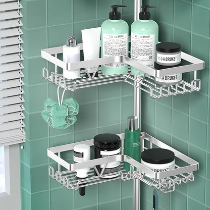 Shower Caddy Tension Pole - Corner Shower Shelves with Soap Holder Bathroom Shower Organizer for Tub (Stainless Steel, Silver, Floor to Ceiling 25-114.2 inch)