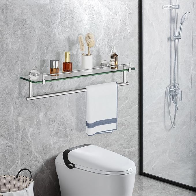 20-Inch Tempered Glass Bathroom Shelf with Towel Bar - Brushed Nickel & Stainless Steel, Wall Mount Rustproof Tower Holder with Shelves