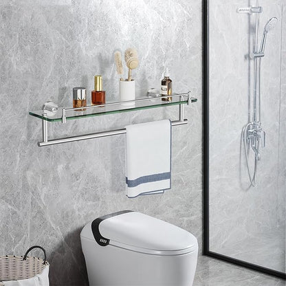 20-Inch Tempered Glass Bathroom Shelf with Towel Bar - Brushed Nickel & Stainless Steel, Wall Mount Rustproof Tower Holder with Shelves