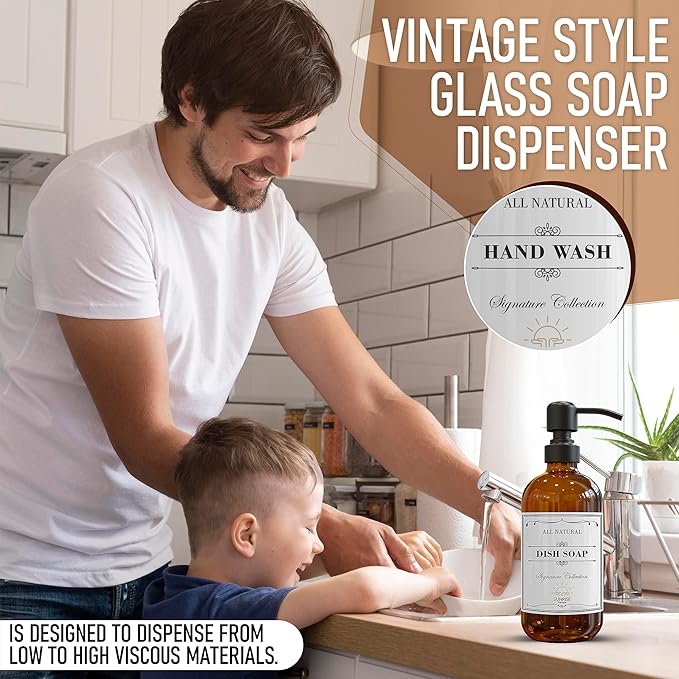 2 Pack Amber Glass Soap Dispenser 16 OZ with Matte Black Stainless Steel Pump, Hand and Dish Soap Dispenser Set for Bathroom and Kitchen Sink with 6 Waterproof Labels
