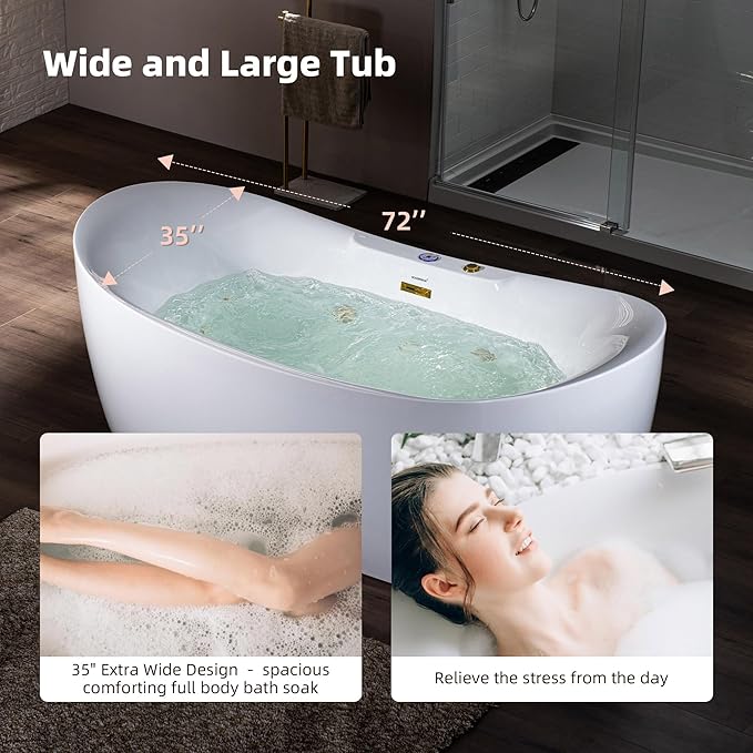 WOODBRIDGE 72" x 35-3/8" Whirlpool and Air Bath Heated Soaking Combination Tub with Adjustable Speed Air Blower and Display Control Panel, Brushed Gold Finish Trim and Drain Kit, BG400