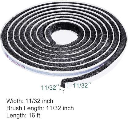 TORRAMI Brush Weather Stripping 11/32 inch x 11/32 inch x 16 ft Seal and Sound Proofing for Patio, Double, Sliding Doors Frame with High Density Felt, Black