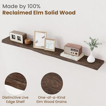 Floating Shelves for Wall Decor, Rustic Solid Elm Wood Live Edge Floating Shelves Wall Mounted, Wall Shelves with Invisible Bracket for Living Room Bathroom Bedroom Kitchen, 55 Inch, Walnut