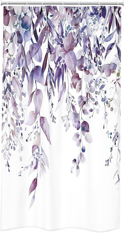 Riyidecor Small Stall Rv Narrow Single Shower Curtain for Bathroom Decor 36Wx72H Stand Up Half Purple Eucalyptus Plants Leaves Botanical Art Printed Fabric Polyester Waterproof 7 Pack Plastic