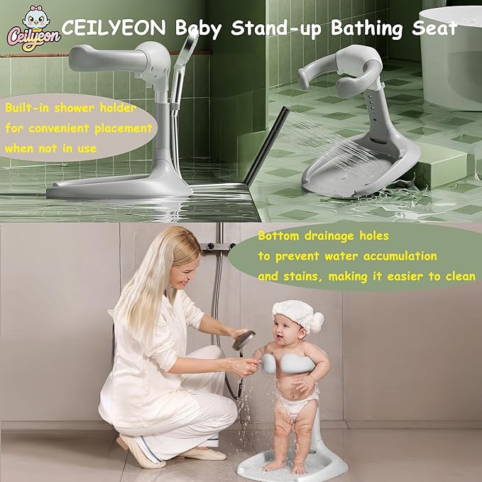 Baby Bath Stand,Foldable & Adjustable 5 Levels Infant Bath Seat,Upgraded Bath Shower Standing Support for Babies 6 Months & up,Non-Slip|Easy to Clean|Convenient for Travel,No Assembly Need(Grey)