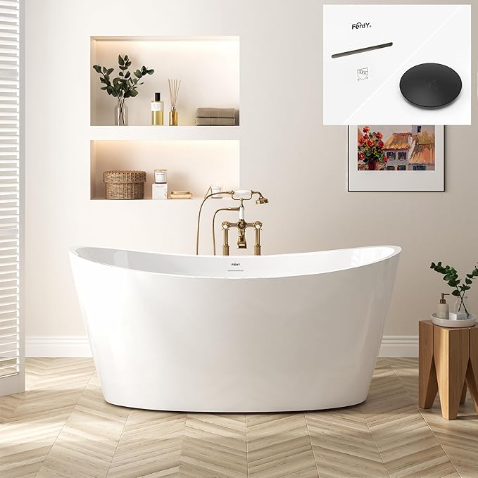 FerdY Naha Elite 59" Acrylic Freestanding Bathtub, Curve Edge Freestanding Soaking Bathtub, Glossy White, cUPC Certified, Matte Black Drain & Minimalist Linear Design Overflow Included
