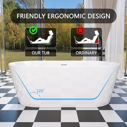 59" Free Standing Tub, Pure Acrylic Freestanding Bathtub, Stylish Stand Alone Contemporary Deep Soaking Bath Tub, cUPC Certified SY1550 (Glossy White)