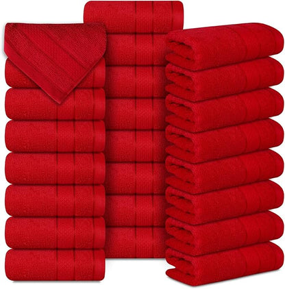 Casa Lino Face Towels & Body Wash Cloths for Showering - 100% Cotton Wash Cloths for Bathroom - Highly Absorbent & Quick Drying Washcloth Set - Cotton Washcloths 24 Pack (12" x 12") - (Red)