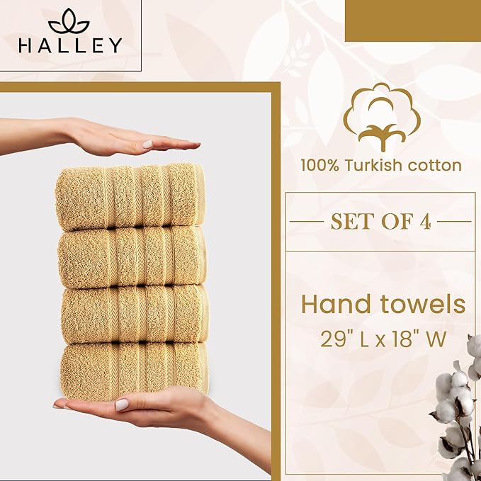 HALLEY Turkish 4 Pack Premium Hand Towels (4 Pieces) 650 GSM Highly Absorbent Super Soft 100% Cotton - 4 Hand Towels (Yellow)