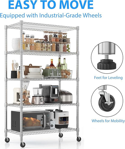 Homdox Heavy Duty Storage Shelves, 5 Tier Wire Shelving Unit with Wheels, Commercial Adjustable Metal Shelves for Storage, Garage Rack Pantry Shelves Kitchen Shelving, 18"x36"x82", Chrome