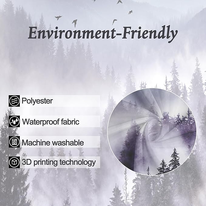 Riyidecor Stall Half Small Rv Shower Curtain 36Wx72H Inch Purple Mountain Camp Narrow Scenery Nature Woodland Pine Tree Bathroom Decor Fabric Polyester Waterproof 7 Pack Hooks