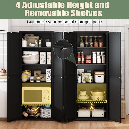 71" Tall Kitchen Pantry Storage Cabinet,Black Metal Storage Cabinets with Doors and Adjustable Shelves,5 Tier Kitchen Cupboard for Dining Room Office Bathroom