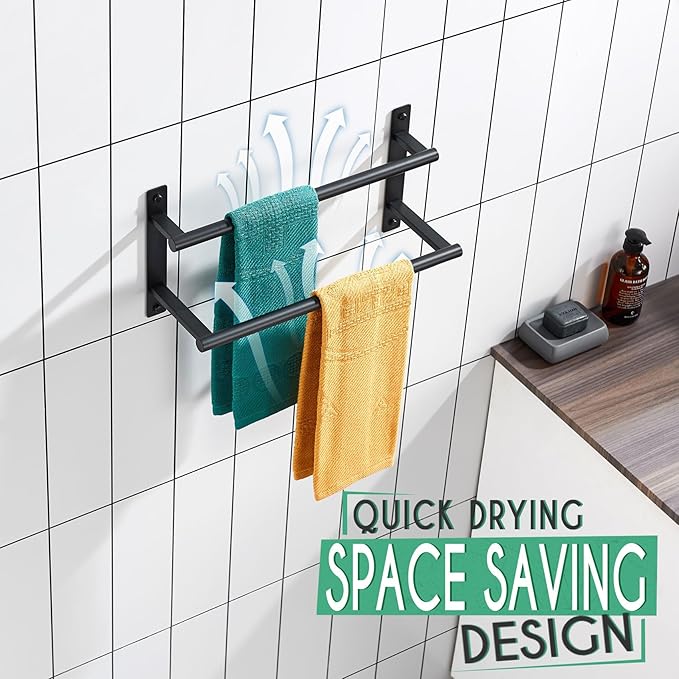 KOKOSIRI 16 Inch Double Towel Bar Bath Towel Racks Bathroom Towel Holder Towel Storage Towel Shelf Wall Mounted Stainless Steel Matte Black B5010BK-L16