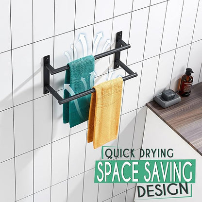 KOKOSIRI 16 Inch Double Towel Bar Bath Towel Racks Bathroom Towel Holder Towel Storage Towel Shelf Wall Mounted Stainless Steel Matte Black B5010BK-L16