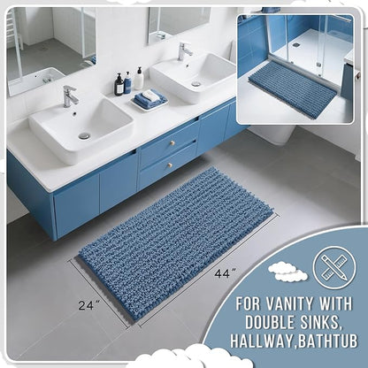 Yimobra Long Bathroom Rugs Non Slip Washable 44x24 Inch - Ultra Soft Absorbent Chenille Bath Mat, Quick Dry Shaggy Floor Carpet for Tub Shower, Denim Blue Home Decor Accessories