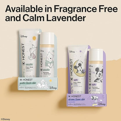 The Honest Company 2-in-1 Cleansing Shampoo and Body Wash Face Lotion Bundle Disney Design Gentle Enough for Baby Dermatologist Tested Calm Lavender 18.5 fl oz