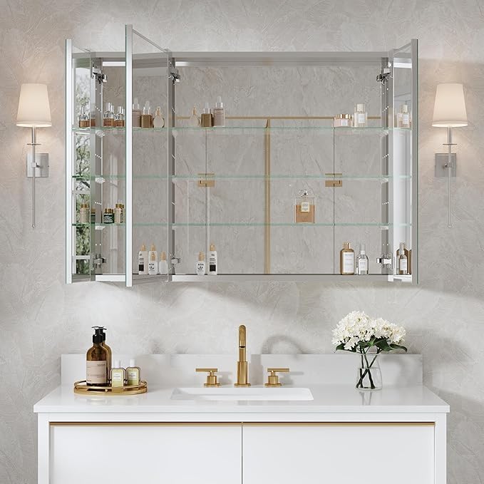 WELLFOR 40" x 30" Bathroom Medicine Cabinet, Anodized Chrome Aluminum Frame, Medicine Cabinet with Adjustable Glass Shelves, Bathroom Mirror Cabinet, Surface or Recessed Mount, Three Doors