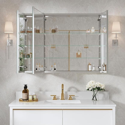 WELLFOR 40" x 30" Bathroom Medicine Cabinet, Anodized Chrome Aluminum Frame, Medicine Cabinet with Adjustable Glass Shelves, Bathroom Mirror Cabinet, Surface or Recessed Mount, Three Doors