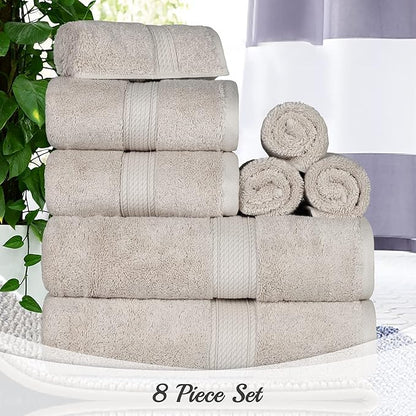 BLUENILEMILLS Madison Egyptian Cotton Towels, Towel Set for Bathroom, Shower, Hotel, Plush, 800 GSM, Highly Absorbent and Ultra-Soft Towels, Bath Essentials, 8 Piece Assorted Towel Set, Stone