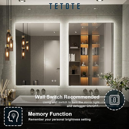 TETOTE Backlit Mirror for Bathroom, 20x28 Inch Vanity Mirror with Light, LED Anti-Fog Bathroom Mirrors, Modern Dimmable, CRI90+, Waterproof Lighted Mirror, Horizontal/Vertical Wall Mirror