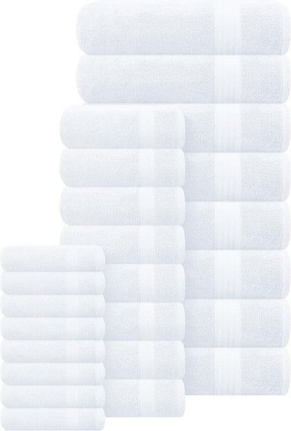 GLAMBURG Ultra Soft 24-Piece Towel Set - 100% Pure Ringspun Cotton, Contains 8 Oversized Bath Towels 27x54, 8 Hand Towels 16x28, 8 Wash Cloths 13x13 - Ideal for Everyday use, Hotel & Spa - White