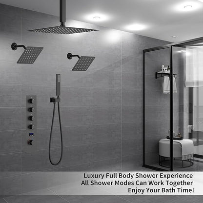 Shower Faucet Set Matte Black Shower System with 12 inch Ceiling Mounted Shower Head and Dual 8 inch Wall Mounted Shower Head, Digital Display Shower Fixtures with Handheld Spray