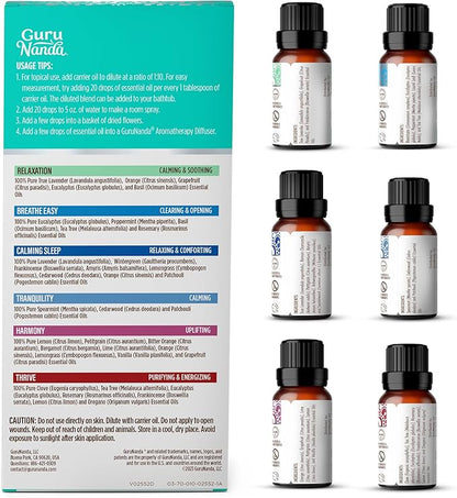 GuruNanda Essential Oil Blends (Set of 6) - Natural Essential Oil Set, Aromatherapy Oil Blends for Diffusers - Breathe Easy, Tranquility, Harmony, Calming Sleep, Relaxation & Thrive