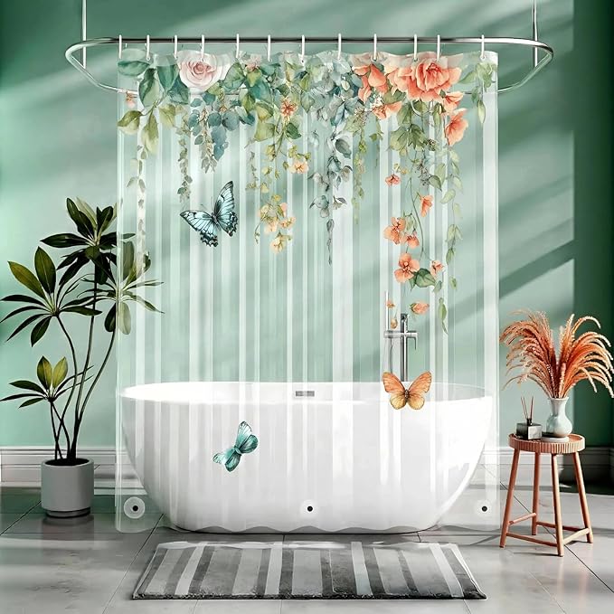 Clear Colorful Floral Butterfly Shower Curtain Liner, Plastic Pretty Pink and Orange Flower Green Eucalyptus Leaf Shower Curtains for Bathroom, 72x72 Weighted Magnetic Shower Curtain Set with 12 hooks